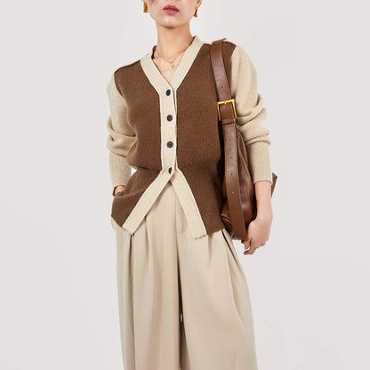 Wholesale Custom Saddle Brown Stretchy V-neck Button-Up Banded Hem Ribbed Knit Cardigan