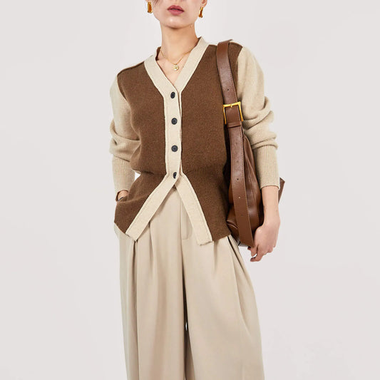 Wholesale Custom Saddle Brown Stretchy V-neck Button-Up Banded Hem Ribbed Knit Cardigan