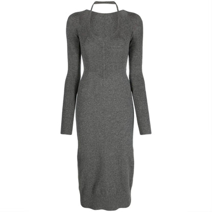 Knitwear manufacturer custom dark grey Rib Knit Dress midi Knit cut-out Dress long sweater dress women clothing