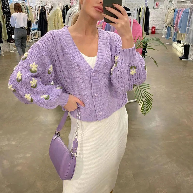 Chic Flower Knitted Cardigan – Women’s V-neck Long Sleeve Loose Sweater Coat, Korean Fashion Top