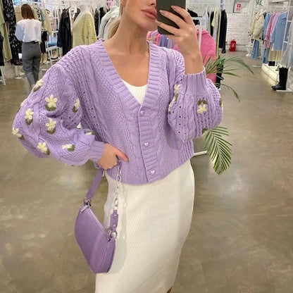 Chic Flower Knitted Cardigan – Women’s V-neck Long Sleeve Loose Sweater Coat, Korean Fashion Top