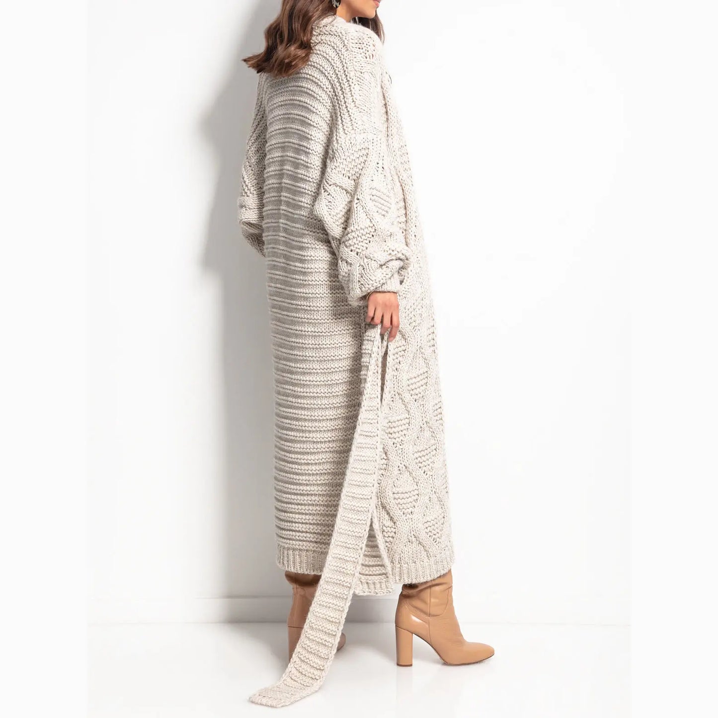 Custom knit cardigan sweater Long Sleeve Alpaca wool Knitted Bandage maxi Long chunky knit Cardigan Sweater Women with belt