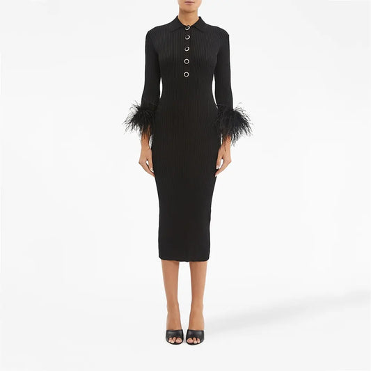 Knitwear Manufacturer Custom Knit Sweater Dress Long Sleeve Feather Midi Ribbed Knit Black Sweater Dress Women Clothing
