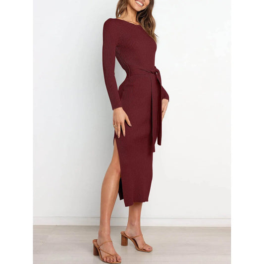 Custom Women's Round Neck Long Sleeve Midi Sweater Dress Side Slit Slim Tie Waist Dress with Belt