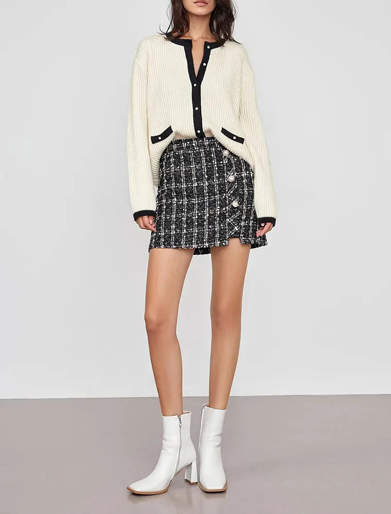 knitwear manufacturer Custom OEM ODM Beige Contrast Single Breasted Crew Neck women sweater long sleeve Knitted Cardigan