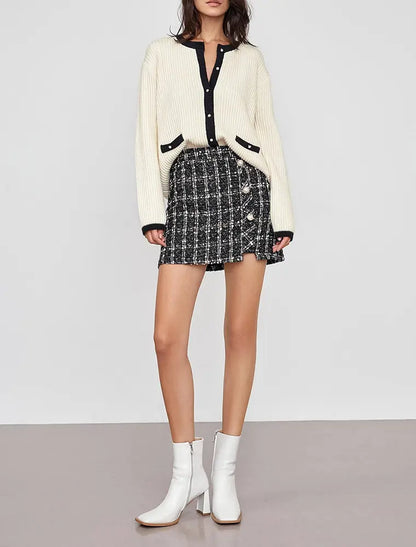knitwear manufacturer Custom OEM ODM Beige Contrast Single Breasted Crew Neck women sweater long sleeve Knitted Cardigan