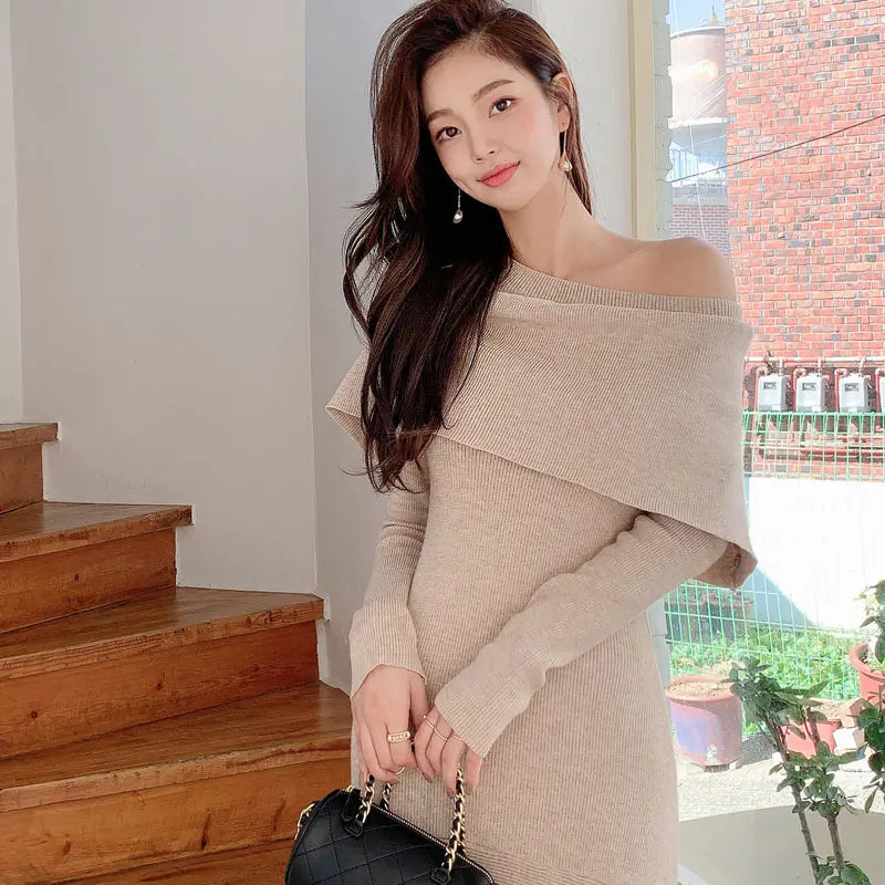 High Quality New Elegant Sexy Solid Color Off Collar Slim Fit Ruffled Knitted Bottoming Sweater Dress for Women