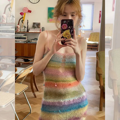 knitwear custom knit women summer dress fashion 2024 striped fuzzy casual sleeveless sexy mohair long sweater dresses bodycon