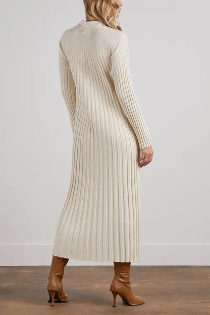 Custom knit sweater dress women polo v neck long sleeve jumper maxi winter women Ribbed knitted sweater dresses plus size