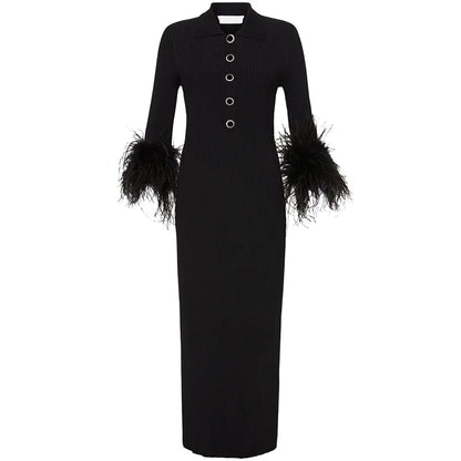 Knitwear Manufacturer Custom Knit Sweater Dress Long Sleeve Feather Midi Ribbed Knit Black Sweater Dress Women Clothing