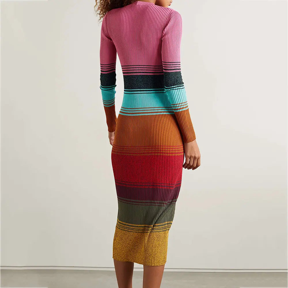 Custom Y2K casual ribbed knitted dresses sling striped maxi long sweater dress cardigan women clothing
