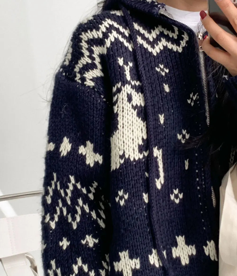 Custom LOGO Christmas pattern Zipper Hoodie Cardigan Women's Knitted Sweater Winter Thick Warm sweater for women