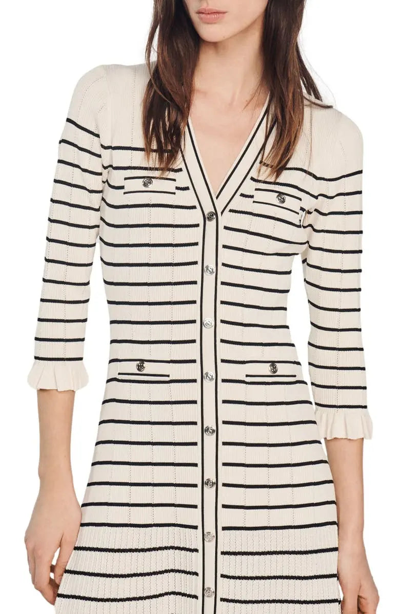 Custom knit tank top dresses ladies knitwear OEM design stripe button down Long Sleeve casual Sweater Dress women Clothing
