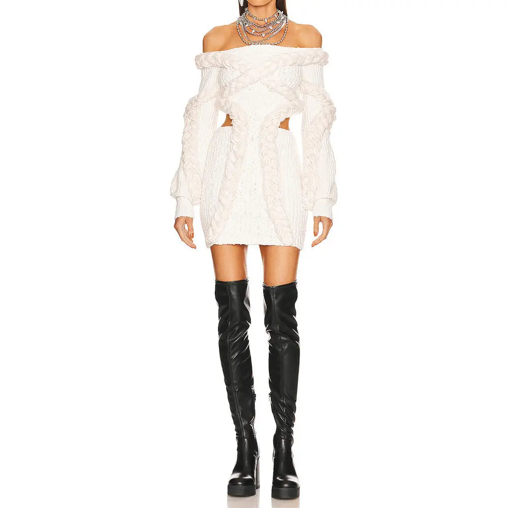 Knitwear Manufacturer Custom Knit One Shoulder Sweater Dress Long sleeve cable knit dress Sweater Dress women Clothing