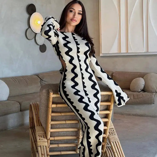 Autumn Party Flared Long Sleeve Sexy Hollow Out Jacquard Knit Maxi Dress for Women