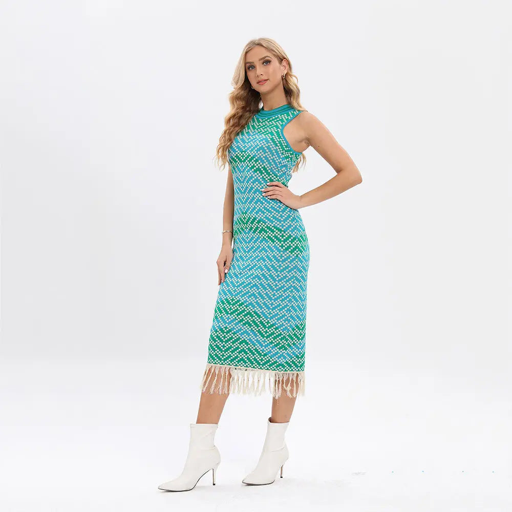 Custom Logo luxury tassel long maxi sweater dress sleeveless fringe knitted sweater women's clothing elegant dress