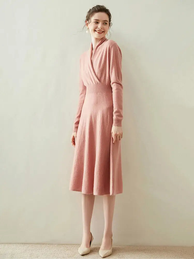 Wholesale Winter Long Sleeve Knit Dress French Style Custom Fall Elegant Casual Long Autumn Women Cashmere Sweater Dresses