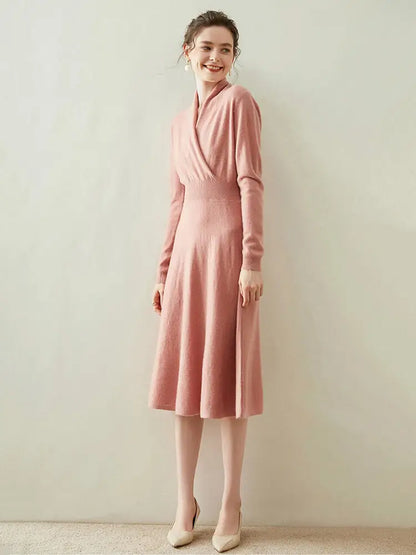 Wholesale Winter Long Sleeve Knit Dress French Style Custom Fall Elegant Casual Long Autumn Women Cashmere Sweater Dresses