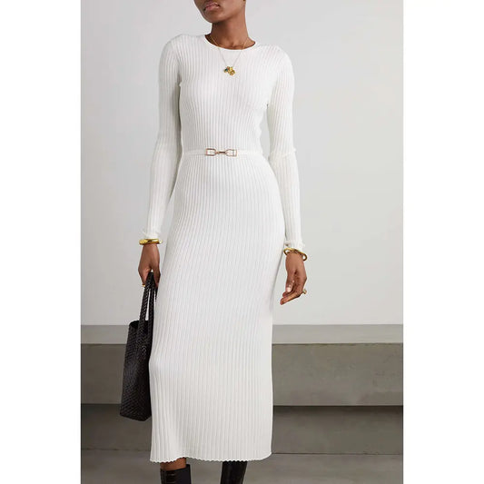 Knitwear Manufacturer Custom Autumn Winter White crew Neck Long Sleeve Ribbed Knit Women Wool Silk Sweater Dress