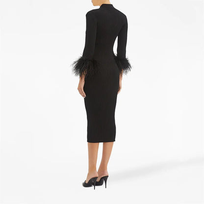 Knitwear Manufacturer Custom Knit Sweater Dress Long Sleeve Feather Midi Ribbed Knit Black Sweater Dress Women Clothing