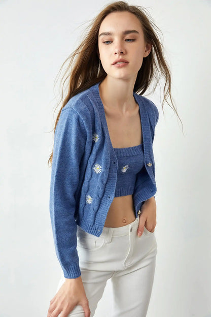 Custom logo oversized knitted embroidery floral cardigan Blue Daisy Button-Up Long Sleeve crop knit Women Cardigan