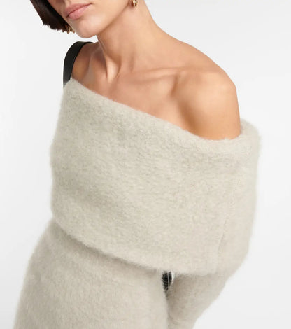 Custom knit mohair sweater dress ladies off shoulder midi knitted casual long sleeve dress women sweater dress