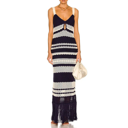 BLUE Striped Cotton-Knit Dress Custom Fashion Lady Elegant Summer Girls Casual Womens Dresses Knitting Dresses Midi Knitted
