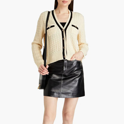 Custom knit sweater manufacturer women fashion winter striped cable knit merino wool ribbed elegant knitwear cardigan sweater