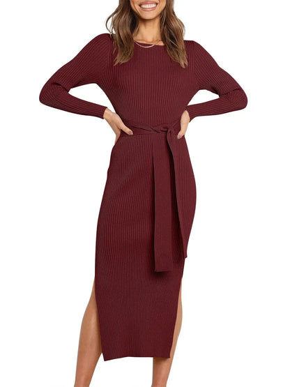 Custom Women's Round Neck Long Sleeve Midi Sweater Dress Side Slit Slim Tie Waist Dress with Belt
