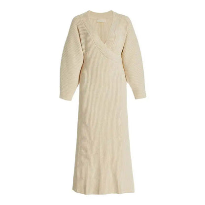 Custom Puffed Sleeves Ribbed Cotton Knit Midi Dress Custom Fashion Lady Elegant Girls Casual Womens Dresses Knitting Dresses