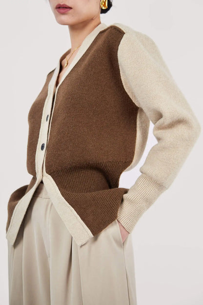 Wholesale Custom Saddle Brown Stretchy V-neck Button-Up Banded Hem Ribbed Knit Cardigan