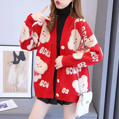 Custom Knit Sweater - Retro Cartoon Jacquard Knitwear, Women's Long Sleeve Cardigan for Winter