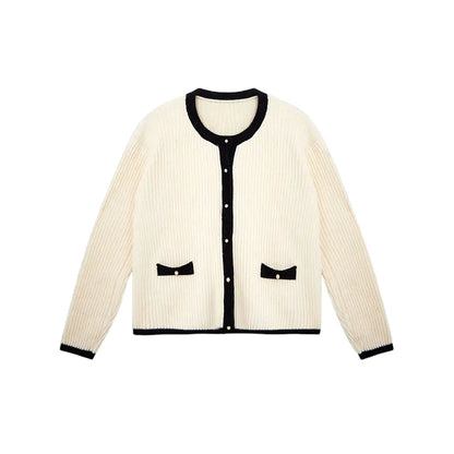 knitwear manufacturer Custom OEM ODM Beige Contrast Single Breasted Crew Neck women sweater long sleeve Knitted Cardigan