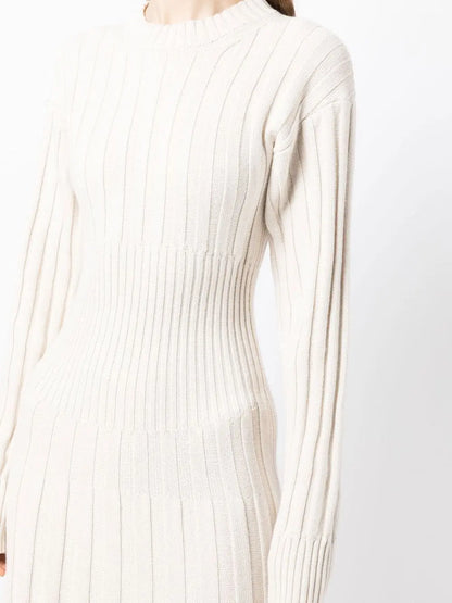 Knitwear Manufacturer Custom Knit Sweater dresses women lady elegant Long Sleeve Maxi White Ribbed Knit Sweater Dress Women