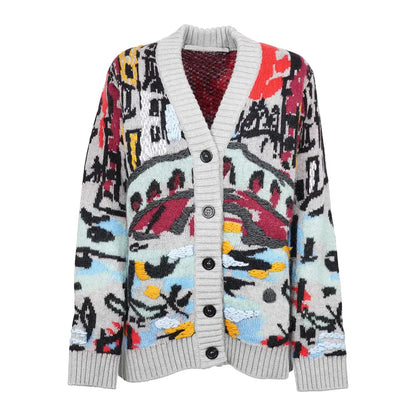 Custom Logo Women Embroidered Pattern Cardigan Mohair Wool Designer Knitted Jacquard Oversized Cardigan Sweater Coat