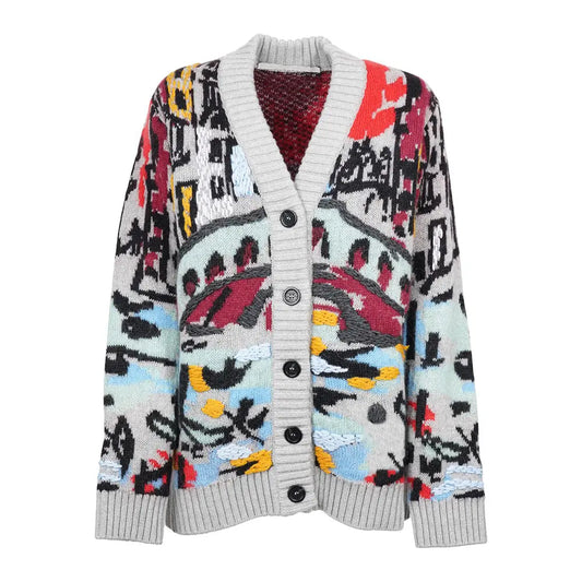 Custom Logo Women Embroidered Pattern Cardigan Mohair Wool Designer Knitted Jacquard Oversized Cardigan Sweater Coat