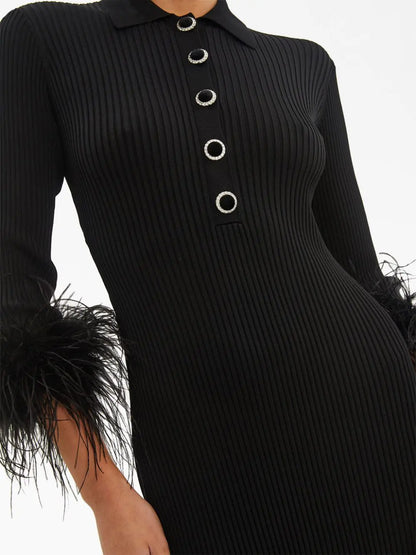 Knitwear Manufacturer Custom Knit Sweater Dress Long Sleeve Feather Midi Ribbed Knit Black Sweater Dress Women Clothing