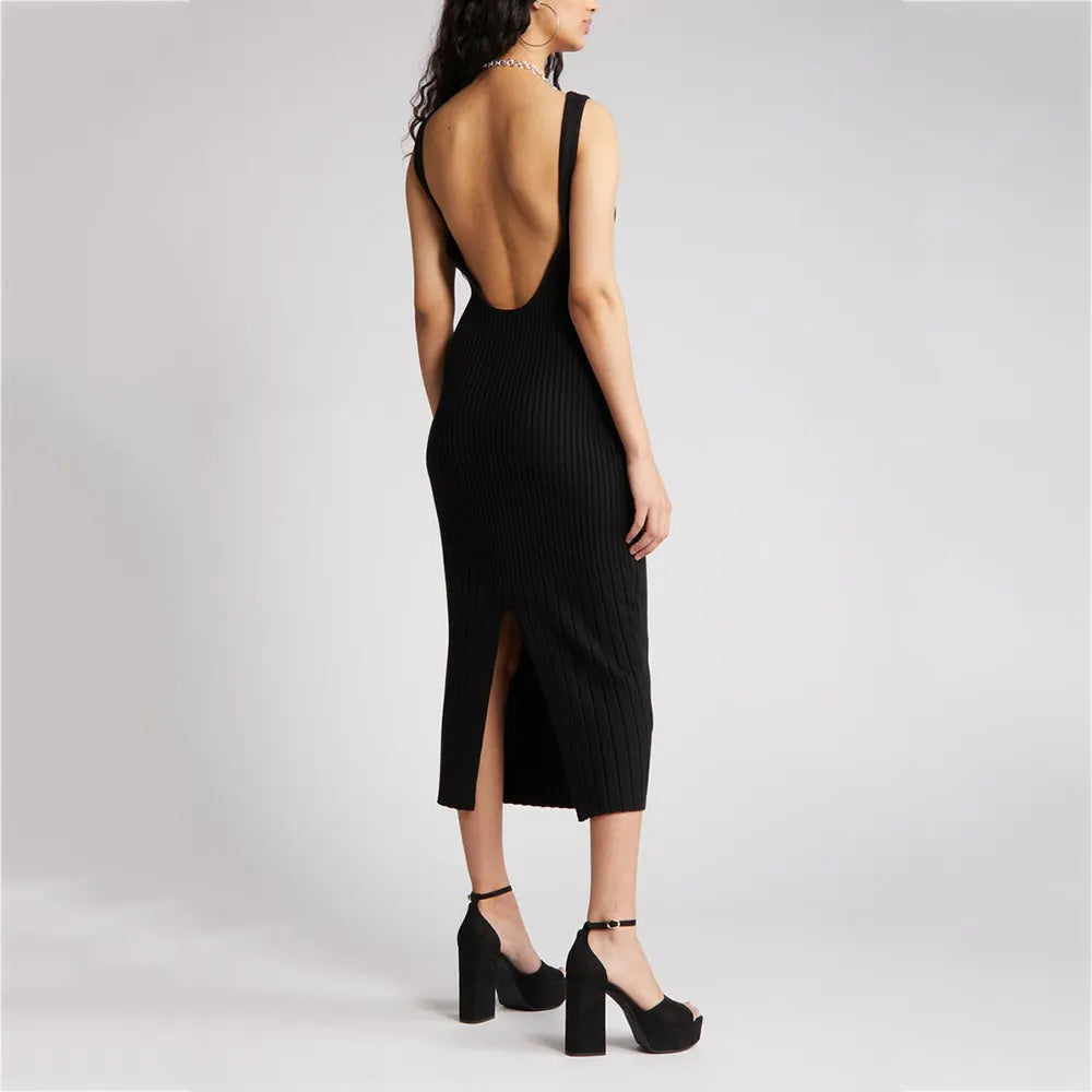 Custom knit dress ladies knitwear solid ribbed knit maxi bodycon long dress sleeveless casual women knit sweater dress