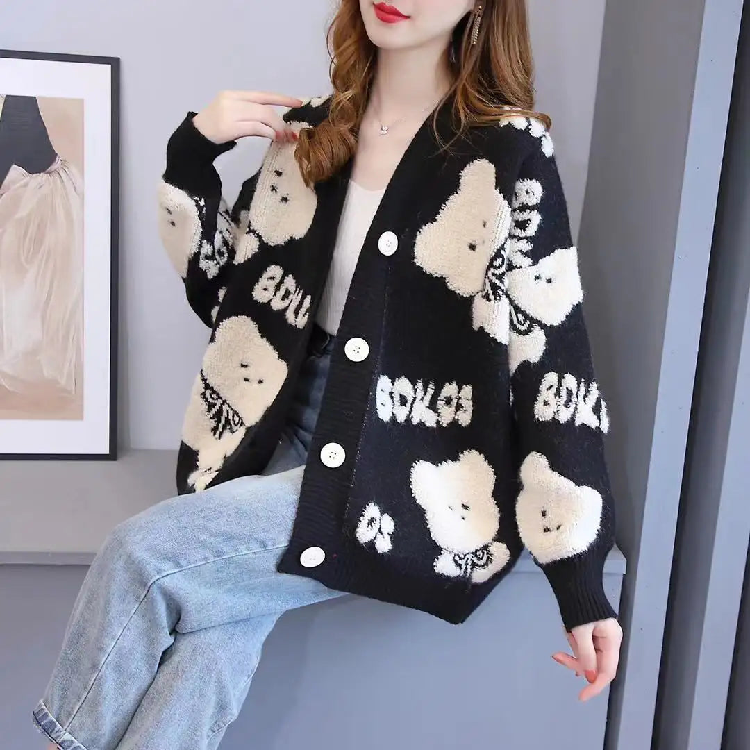Custom Knit Sweater - Retro Cartoon Jacquard Knitwear, Women's Long Sleeve Cardigan for Winter