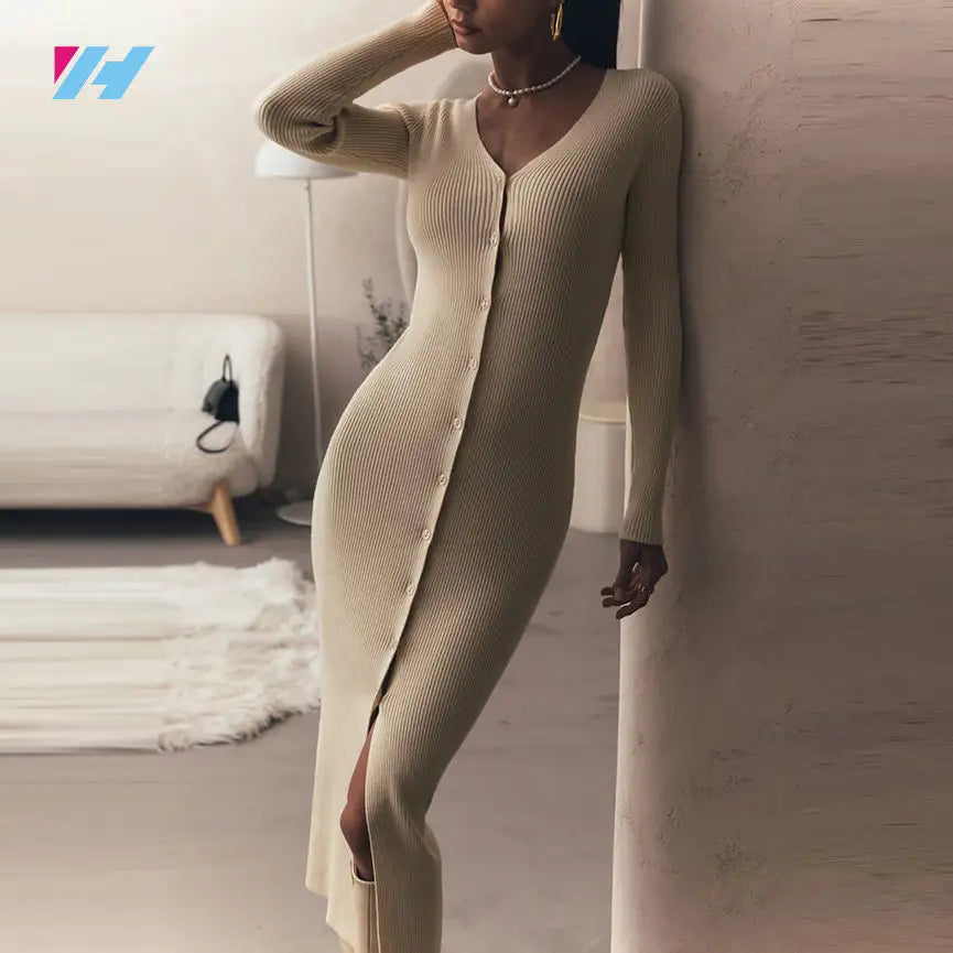 knitwear manufacturer custom knit women long sweater cardigan and dress luxury elegant rib knit maxi sweater dress