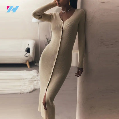 knitwear manufacturer custom knit women long sweater cardigan and dress luxury elegant rib knit maxi sweater dress
