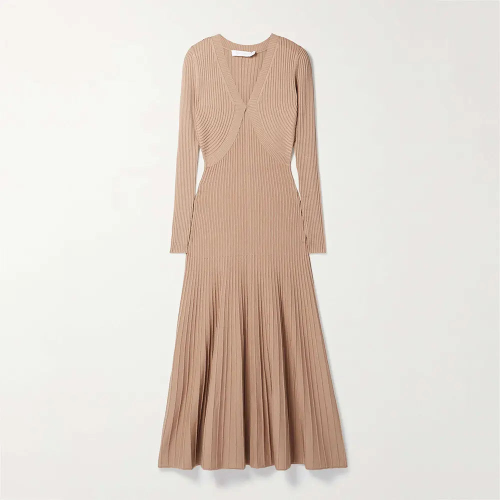 Knitwear manufacturers custom v neck long sleeve big hem fall 2024 women clothes maxi dresses rib knit sweater casual dress
