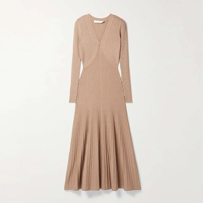 Knitwear manufacturers custom v neck long sleeve big hem fall 2024 women clothes maxi dresses rib knit sweater casual dress