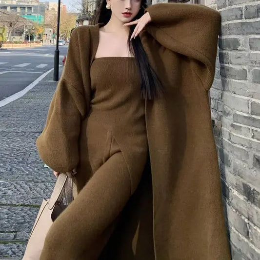 Top Fashion Winter Wool Cashmere Three-piece Set Women's Clothing Formal Tube Pullover Sweater Long Cardigan Loose Pants Sets