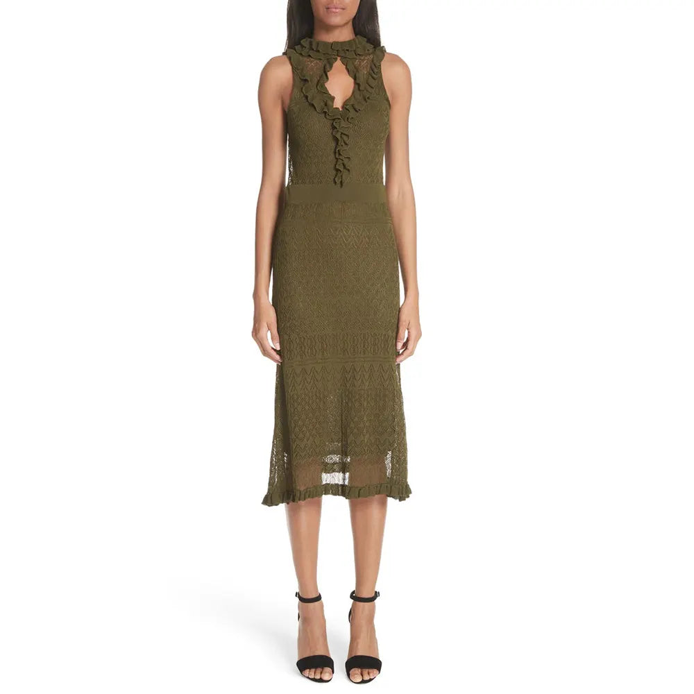 knitwear Dress manufacturer custom knit long top sleeveless Pointelle ruffle dresses maxi Sweater Dress women Clothing