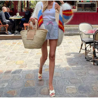 Custom chunky knit oversized striped Cardigan sweater women lady loose knitwear fuzzy long lantern sleeve cardigan for women