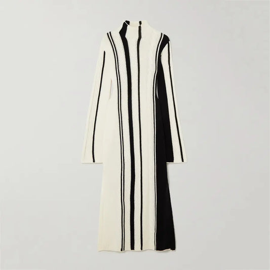 Knitwear manufacturer custom contrast color stripe high neck long sleeve split long women maxi casual sweater knit dress