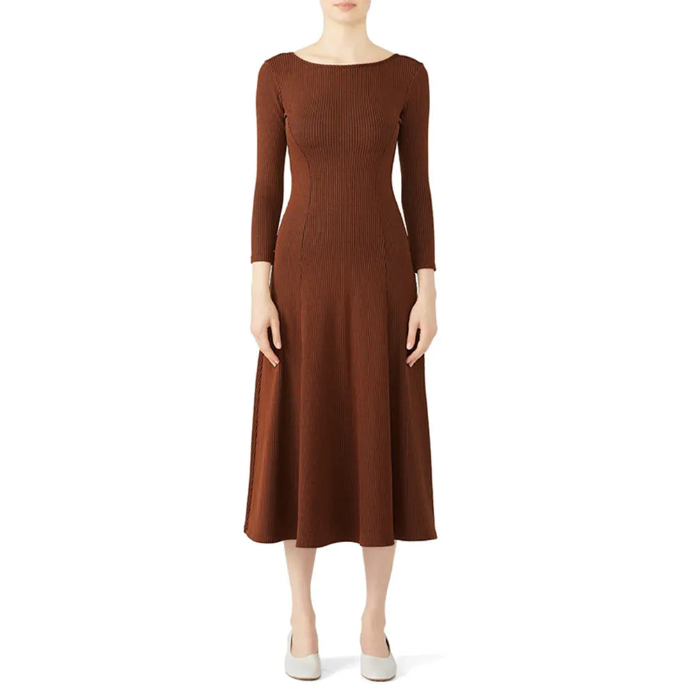 Knitwear manufacturers custom brown round necked long sleeved ribbed knitted luxury women's sweater dress clothing