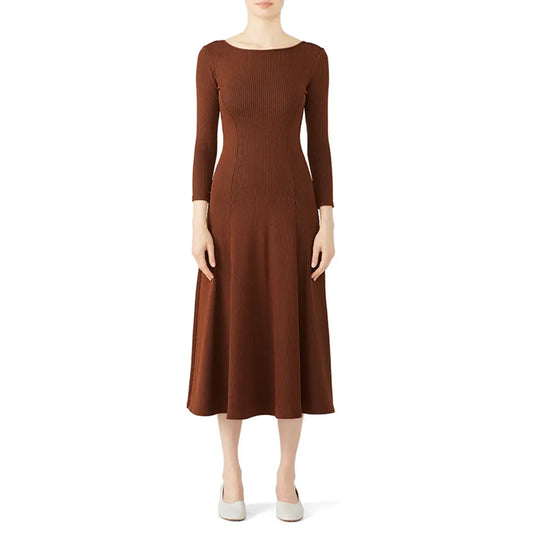 Knitwear manufacturers custom brown round necked long sleeved ribbed knitted luxury women's sweater dress clothing