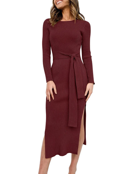 Custom Women's Round Neck Long Sleeve Midi Sweater Dress Side Slit Slim Tie Waist Dress with Belt